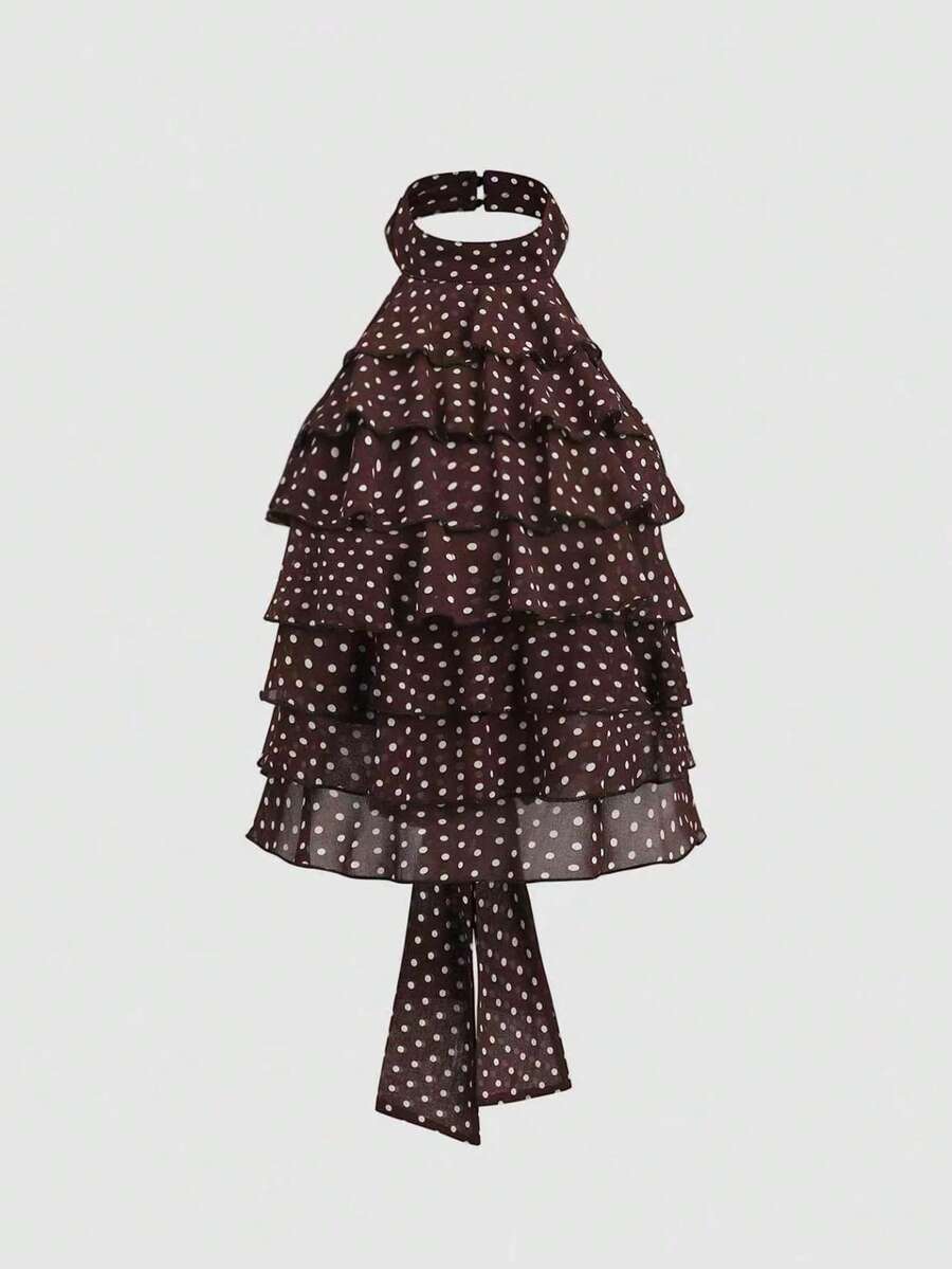 Sweetra Spring/Summer Fashion Niche Brown Chiffon Polka Dot Halter Neck Multi-Layer Ruffle Sweet Style Lightweight Vacation Sexy Backless Tie-Up Women's Tank Top - Brown - View 1