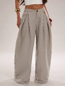 SHEIN Tall CURVE Plus Size Fashion Commuter Striped Curved Leg Pants Fall - Brown - View 6