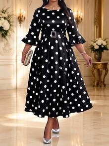 Fleurora Plus Size Women's Polka Dot Pattern Bell Sleeve Elegant Dress Fall - White - View 1