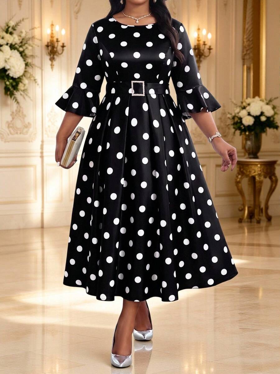 Fleurora Plus Size Women's Polka Dot Pattern Bell Sleeve Elegant Dress Fall - White - View 1