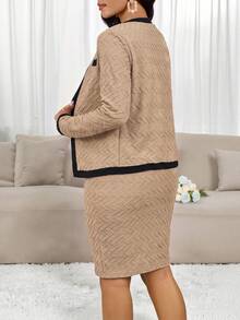 SHEIN Lady Women's Colorblock Dress And Long Sleeve Cardigan Casual Daily 2 Pieces Set - Khaki - View 2