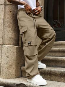 Major Grit Men's Plus Size Solid Color Drawstring Waist Wide Leg Casual Cargo Pants - Khaki - View 5