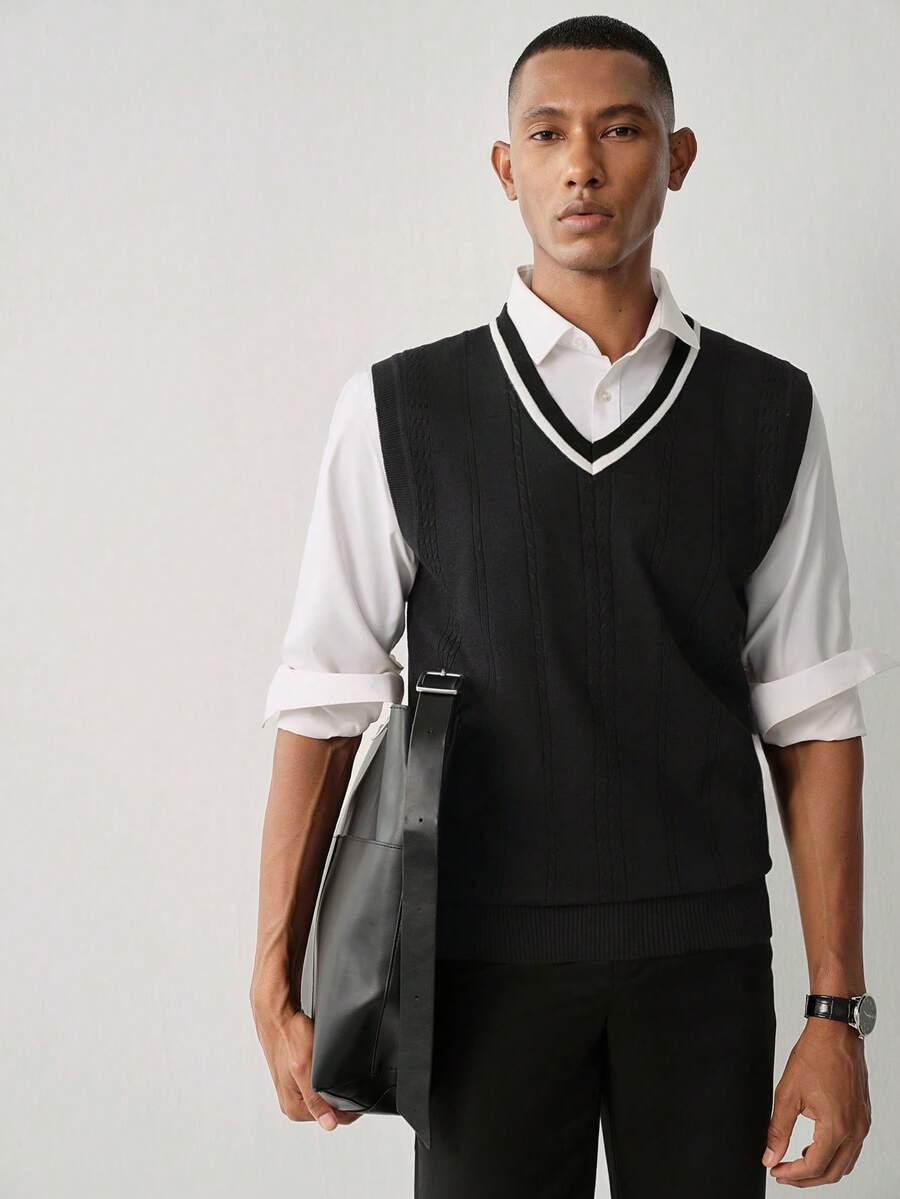 Manfinity CityGents Men's Spring/Autumn Black Knitted Jacquard Vest Holiday Festival Autumn Streetwear Winter - Black - View 1