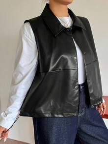 Dazy Plus Solid Color Street Casual Lapel Loose Sleeveless Jacket PU Vest, Spring/Autumn Layering - Black - View 6