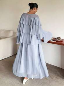 Dazy Plus Holiday Outfit Chiffon Round Neck Ruffle Blouse Casual Skirt 2 Pieces Set Spring Summer Autumn Wedding Guest Women Long Sleeve Tops - Dusty Blue - View 2