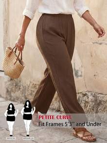 SHEIN PETITE CURVE Plus Size Casual Solid Color Pants For Vacation And Versatile Wear - Brown - View 1