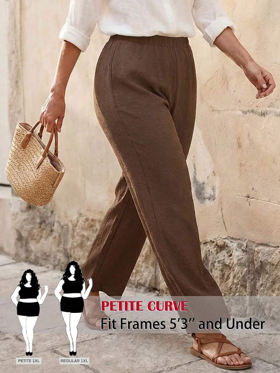 SHEIN PETITE CURVE Plus Size Casual Solid Color Pants For Vacation And Versatile Wear - Brown - View 1