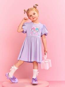 HELLO KITTY AND FRIENDS | SHEIN 少女休閒可愛心形圖案&卡通角色印花泡泡袖a字裙 - 紫色 - 查看 5