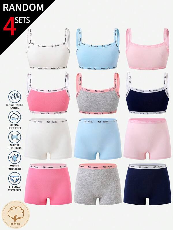 4 Sets Random All-Season Girls' Pure Cotton Solid Color Multi-Color Pink Light Rose Grey White Royal Blue Panda Print Waistband Traceable Cotton Camisole & Boxer Set