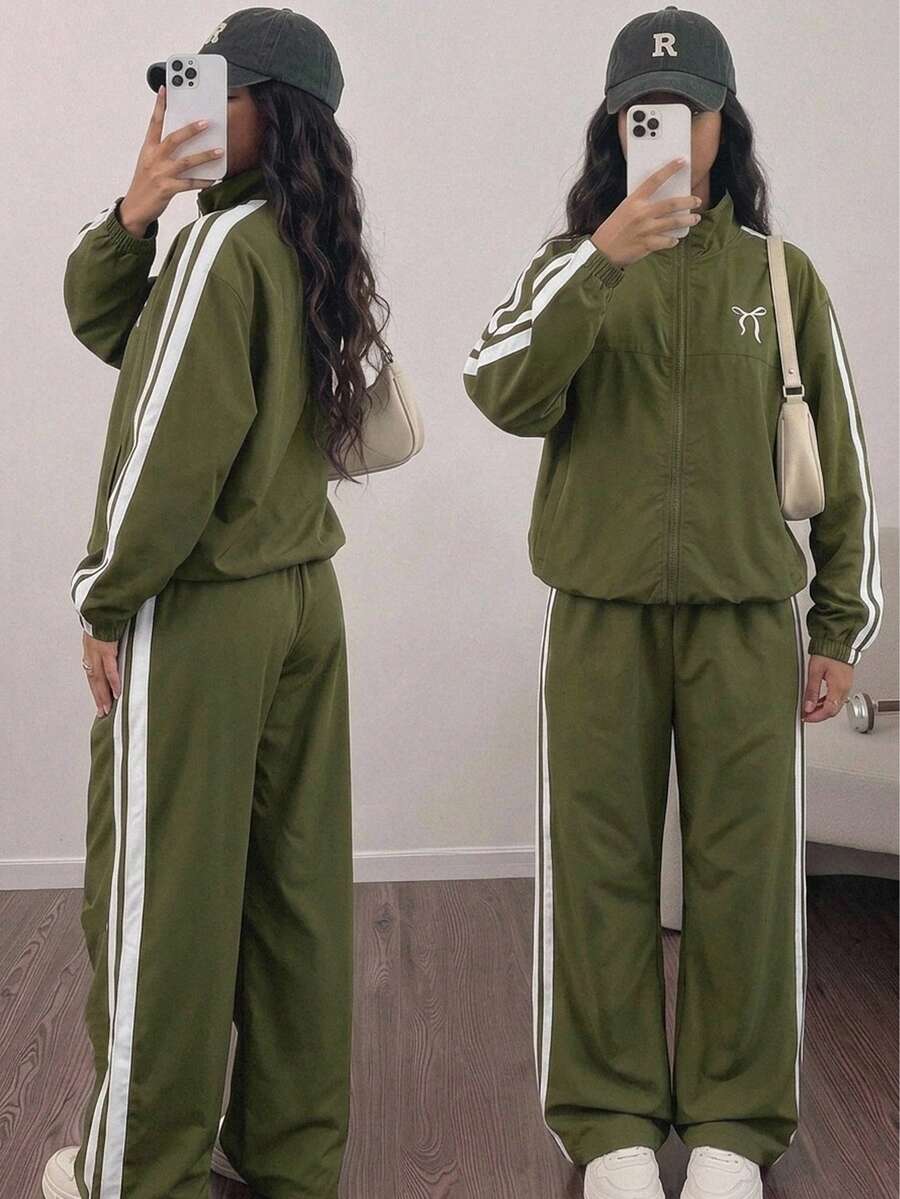 SHEIN 少女蝴蝶結圖案拼色拉鍊長袖外套與長褲休閒日常套裝 - 軍綠色 - 查看 1