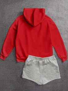Betty Boop x SHEIN SHEIN EZwear 休閒極簡卡通印花連帽長袖寬鬆加厚女款運動衫 - 紅色 - 查看 2