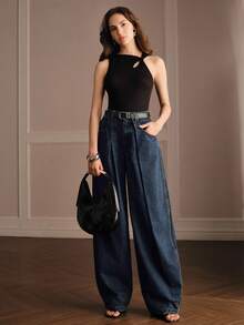 Anewsta Women's Autumn/Winter Modern Retro High-Waist Double Pleated Hip-Flattering Slimming Curved Floor-Length Jeans In Deep Blue Washed - Blue - View 7