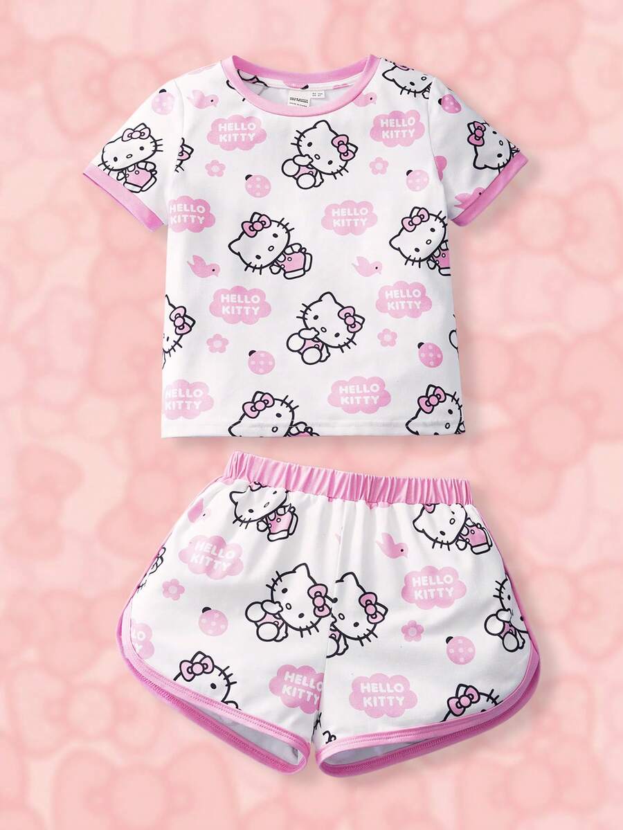 HELLO KITTY AND FRIENDS | SHEIN 女童字母卡通印花圆领短袖上衣和松紧腰短裤休闲睡衣套装 - 白色 - 查看 1