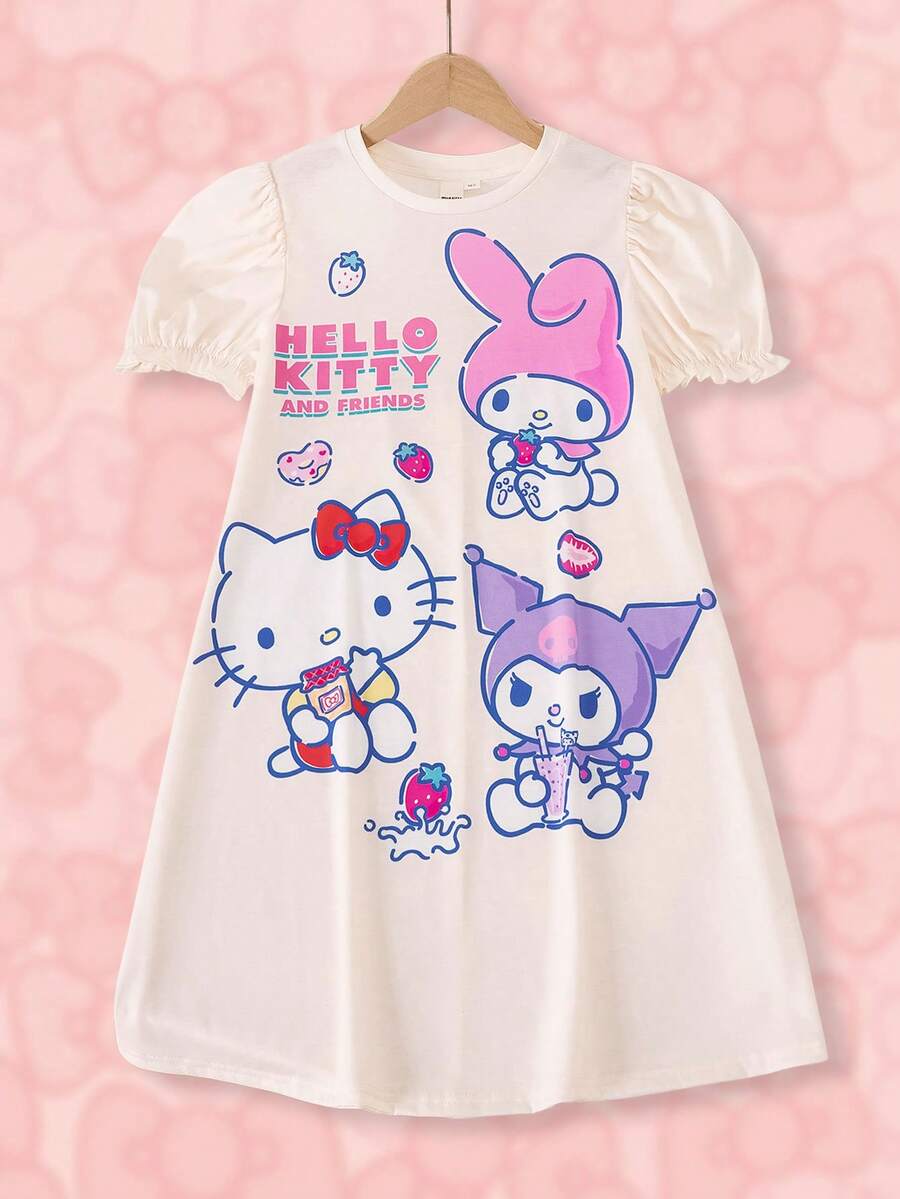 HELLO KITTY AND FRIENDS | SHEIN 1 Stück Lässiges Cartoon-Muster Kleid für Tween-Mädchen - Aprikosenfarben - Übersicht 1