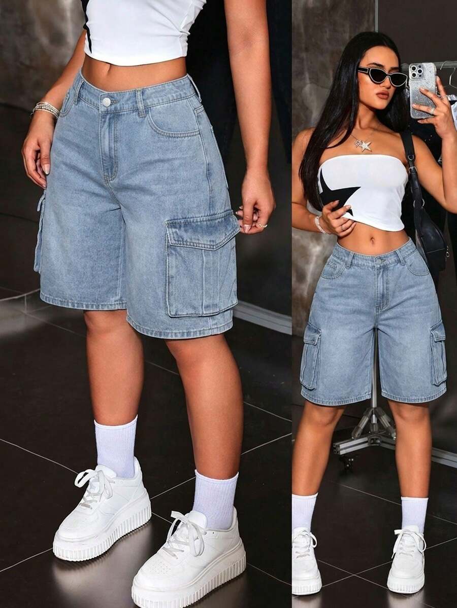 Flirla 大码女装夏季休闲时尚街头风日常通勤翻盖口袋宽松牛仔短裤 - 淺色水洗藍 - 查看 1