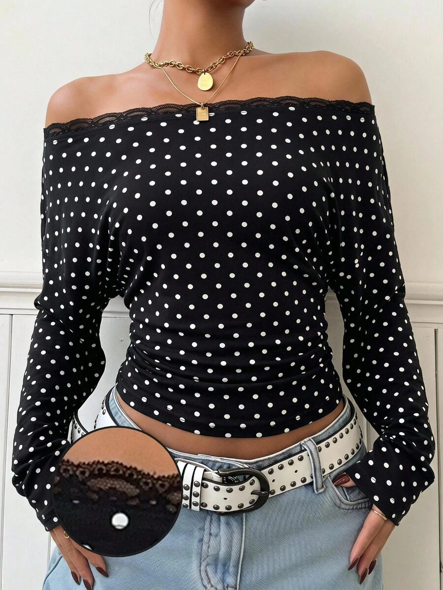 SHEIN EZwear 女款波點露肩休閒百搭日常穿搭上衣