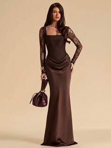 SHEIN BAE Brown Lace Halter Neck High Slit Dress, Suitable For Cocktail Party, Romantic Date, Party, Wedding Bridesmaid Dress, Evening Out Dress - Brown - View 6