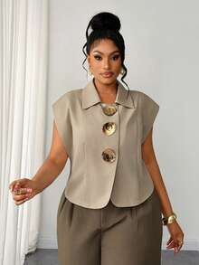 Maweii Plus Size French Style Commuter Minimalist Romantic Design Elegant Blouse - Khaki - View 5
