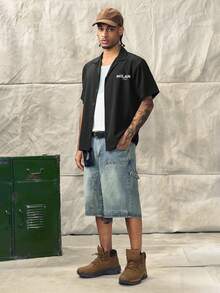 Men's Casual Pocketed Button Denim Shorts, Versatile For Daily Wear Cargo Pants - Blue - View 3