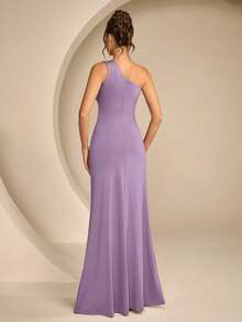 Coutiva Women's Rhinestone Embellished Pleated One-Shoulder Slit Design Elegant Cinched Waist Party Bridesmaid Dress - Lilac Purple - View 2