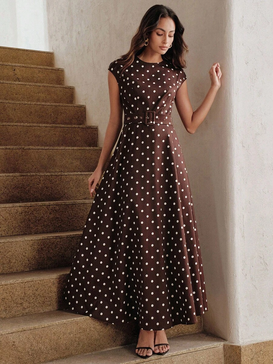 Anewsta 女款優雅通勤知性復古休閒波點洋裝,現代街頭風,適合春夏穿著,情人節派對穿搭,日常通勤 - 棕色 - 查看 1