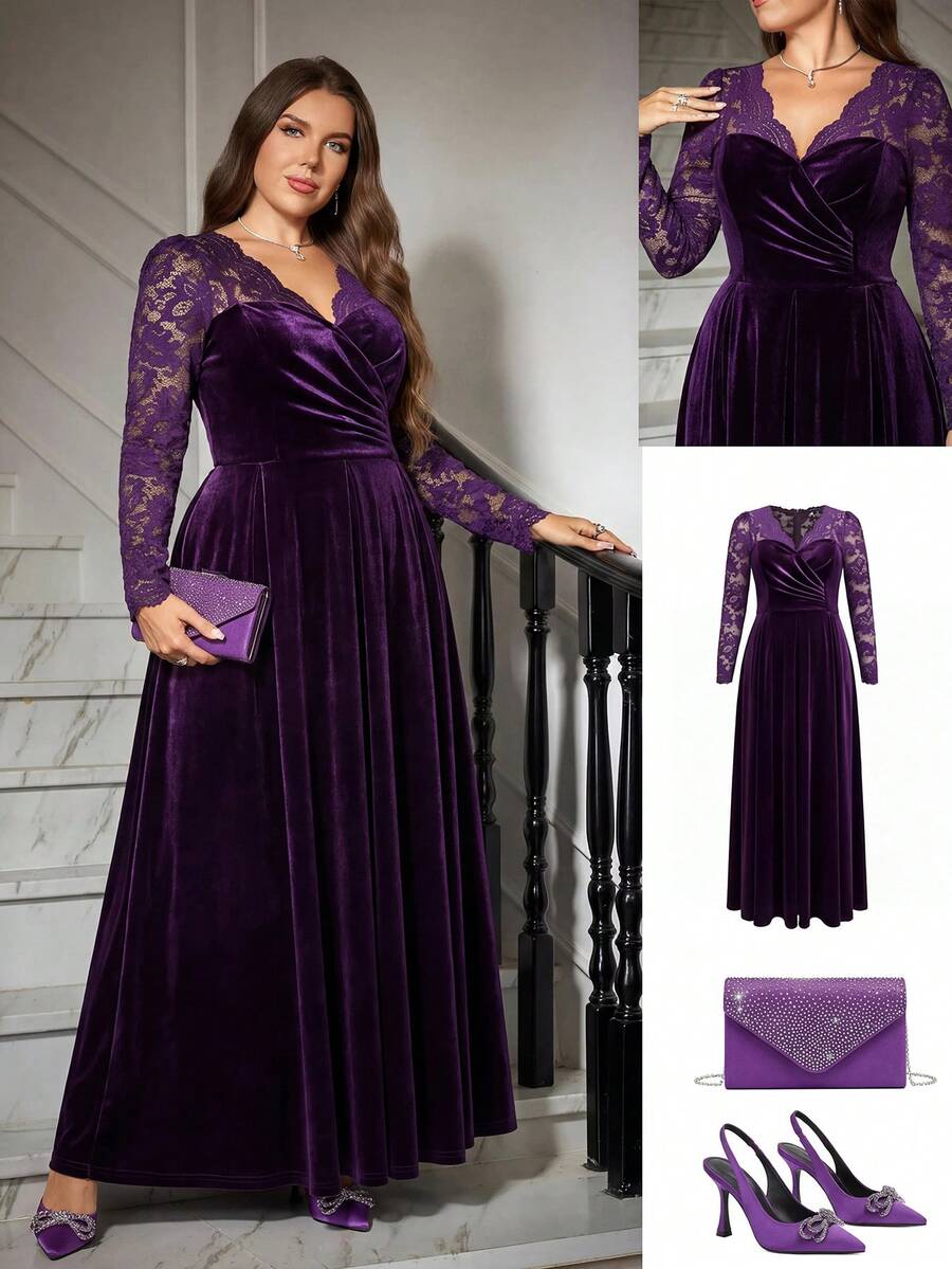 SHEIN Clasi Plus Size Women's Contrast Lace Long Sleeve Pleated Elegant Dress Fall