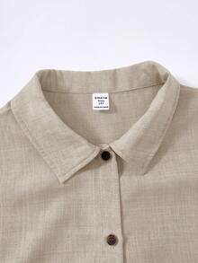 SHEIN 青少年女孩秋季新款卡其色休閒極簡寬鬆長袖襯衫與長褲套裝 - 卡其色 - 查看 4