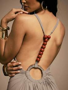 Hauture Women's Sexy High Neck Backless Maxi Dress With Bamboo Ring And Wooden Bead Decor - Grey - View 2
