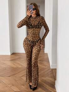 SHEIN ICON Y2k Women's Halloween Sexy Leopard Print Backless Casual Daily Wear Tight Fit Jumpsuit Flare Pants - Multicolor - View 2