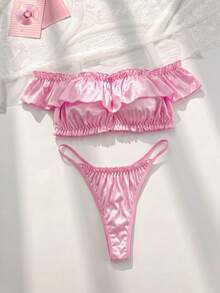 FairyFlirt 2件組粉色荷葉邊露肩緞面可愛甜美 Coquette 娃娃風蘿莉塔女款內衣套裝 - 粉色 - 查看 1