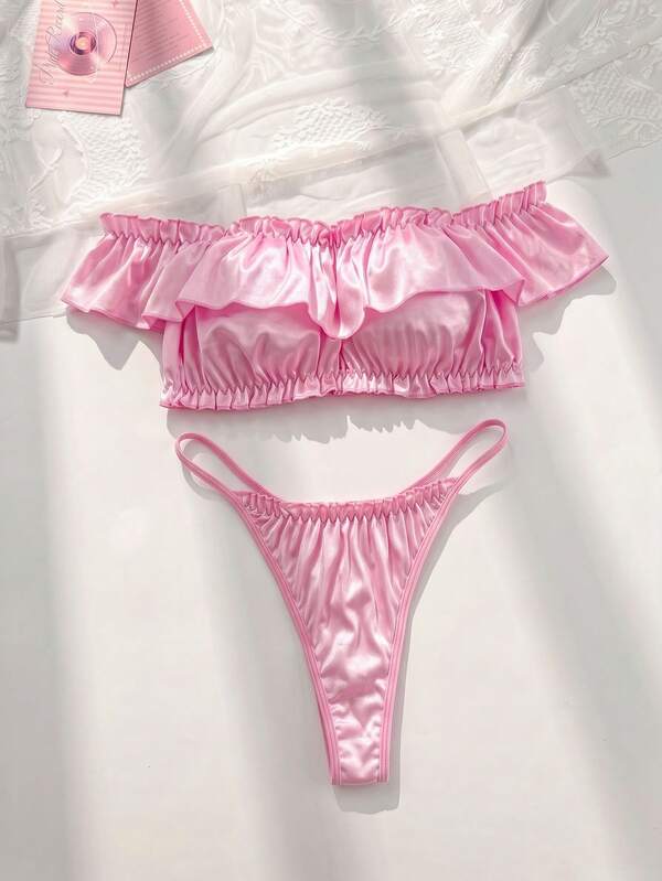 FairyFlirt 2pcs Pink Ruffle Off-Shoulder Satin Kawaii Cute Coquette Babydoll Lolita Sweet Lingerie Set For Women