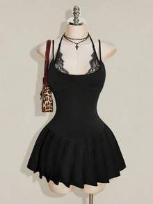 SHEIN ICON Y2K 女款黑色蕾絲拼接性感迷你洋裝，適合約會與外出穿搭 - 黑色 - 查看 3