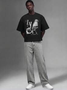 Salvezio 洛杉磯 LA Letter Gesture Logo 男款黑色標準尺寸落肩寬鬆短袖 T-shirt - 黑色 - 查看 3