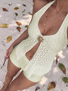 Sunnyshic Spring/Summer 2 Pieces Women's Beachwear Set Sexy Tropical Vacation Solid Color Textured Fabric Beige Sun Halter Tank Top Bikini Bottoms - Apricot - View 3