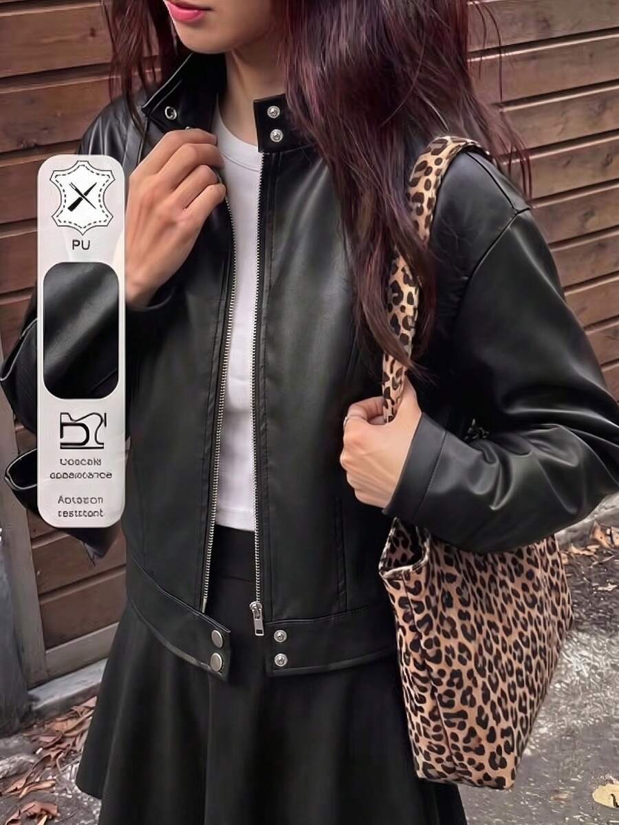 SHEIN 酷炫現代人造皮革夾克,秋季女款長袖秋冬日常百搭外套,休閒舒適寬鬆 - 黑色 - 查看 1