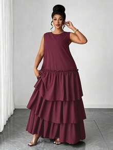 Maweii Elegantes lässiges mehrlagiges ausgestelltes Kleid Große Größen - Bordeaux - Übersicht 5