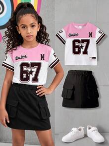 SHEIN Elladie kids Tween女孩 2件組 8-12歲圓領甜酷風數字印花短袖上衣 + 黑色工裝迷你裙 - 彩色 - 查看 1