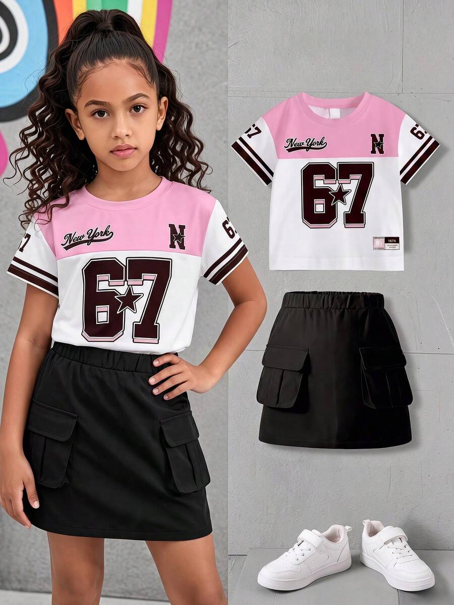 SHEIN Elladie kids Tween女孩 2件組 8-12歲圓領甜酷風數字印花短袖上衣 + 黑色工裝迷你裙 - 彩色 - 查看 1