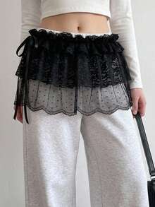 FRIFUL Women's Lace Patchwork Frill Trim Sexy Versatile Date Party Mini Skirt - Black - View 2