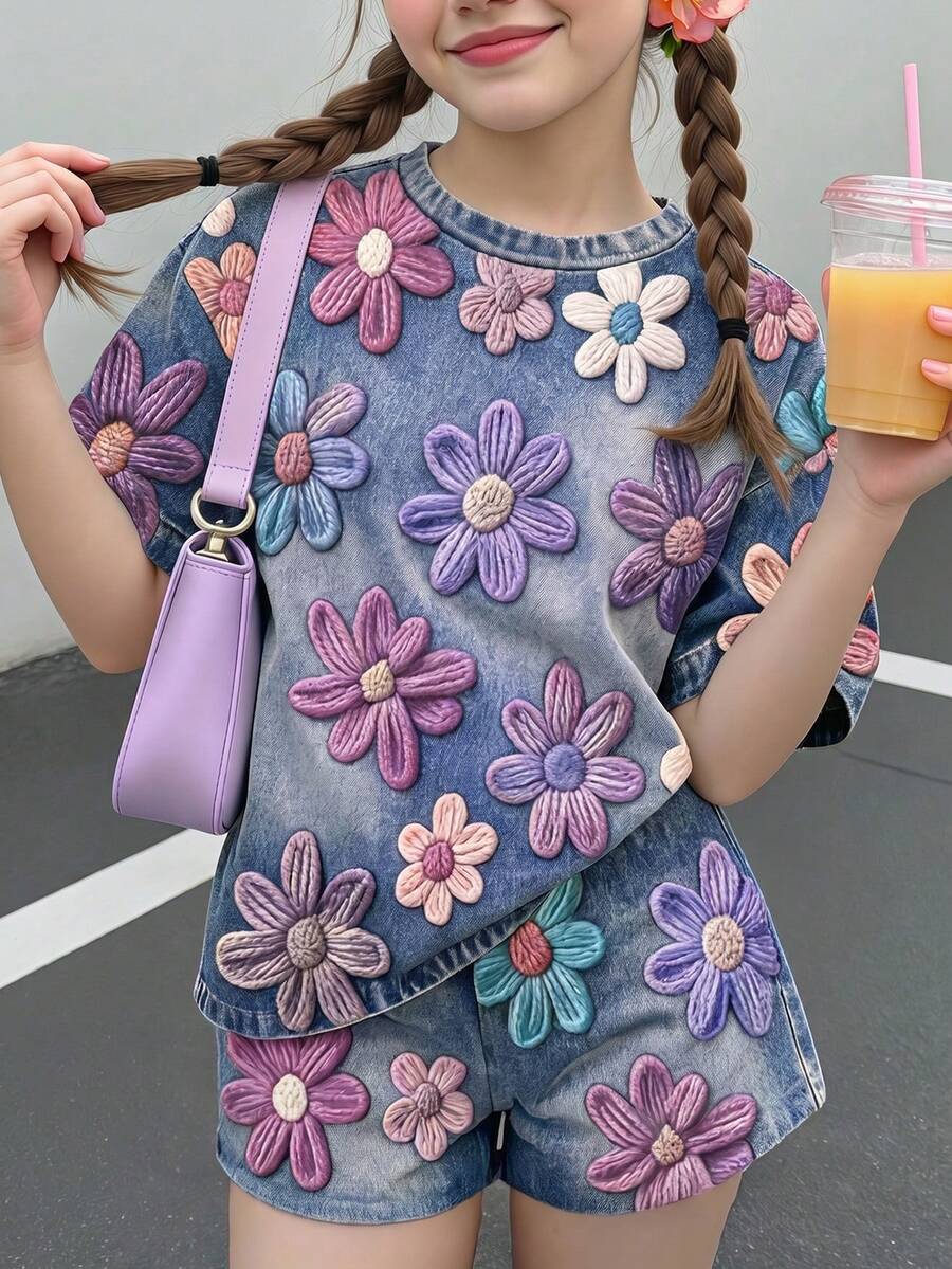 少女休閒可愛紋理碎花甜美奶油風鄉村風圓領短袖T恤寬鬆短褲兩件套,適合春夏,圖案舒適,女孩套裝,Y2K復古度假風 - 彩色 - 查看 1