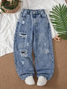 SHEIN Tween Girls Y2K 风格复古深色洗水做旧破洞阔腿牛仔裤，面料柔软舒适，时尚百搭街头风格，女童牛仔布 - 深色水洗藍 - 查看 7