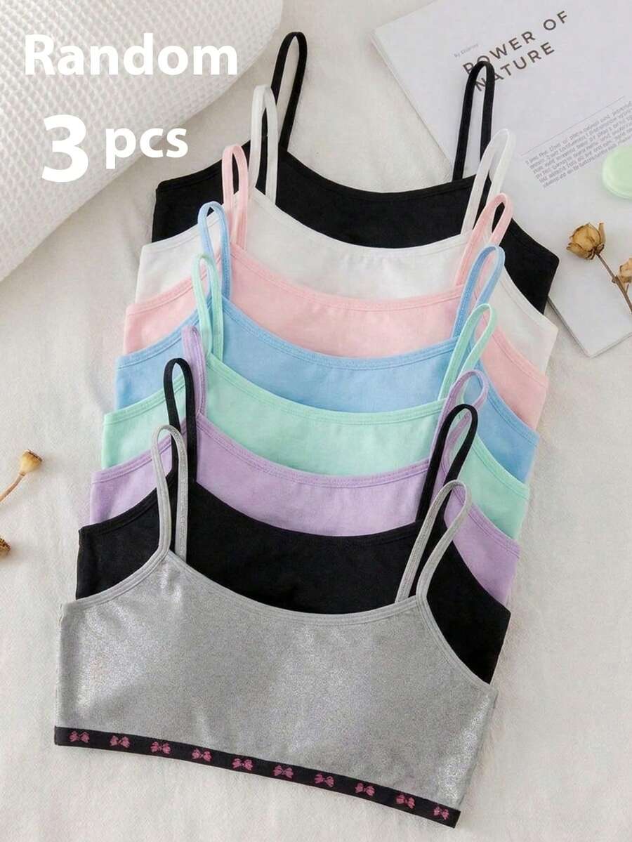3pcs/Set Girls Big Tween Girl Black White Gray Bow Ribbon Hem Solid Color Simple Sweet Basic Comfortable Soft Camisole Underwear - Multicolor - View 1