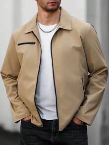 Manfinity CasualCool Men's Zipper Shirt Jacket, Casual Open Front Long Sleeve Outerwear - Khaki - View 2