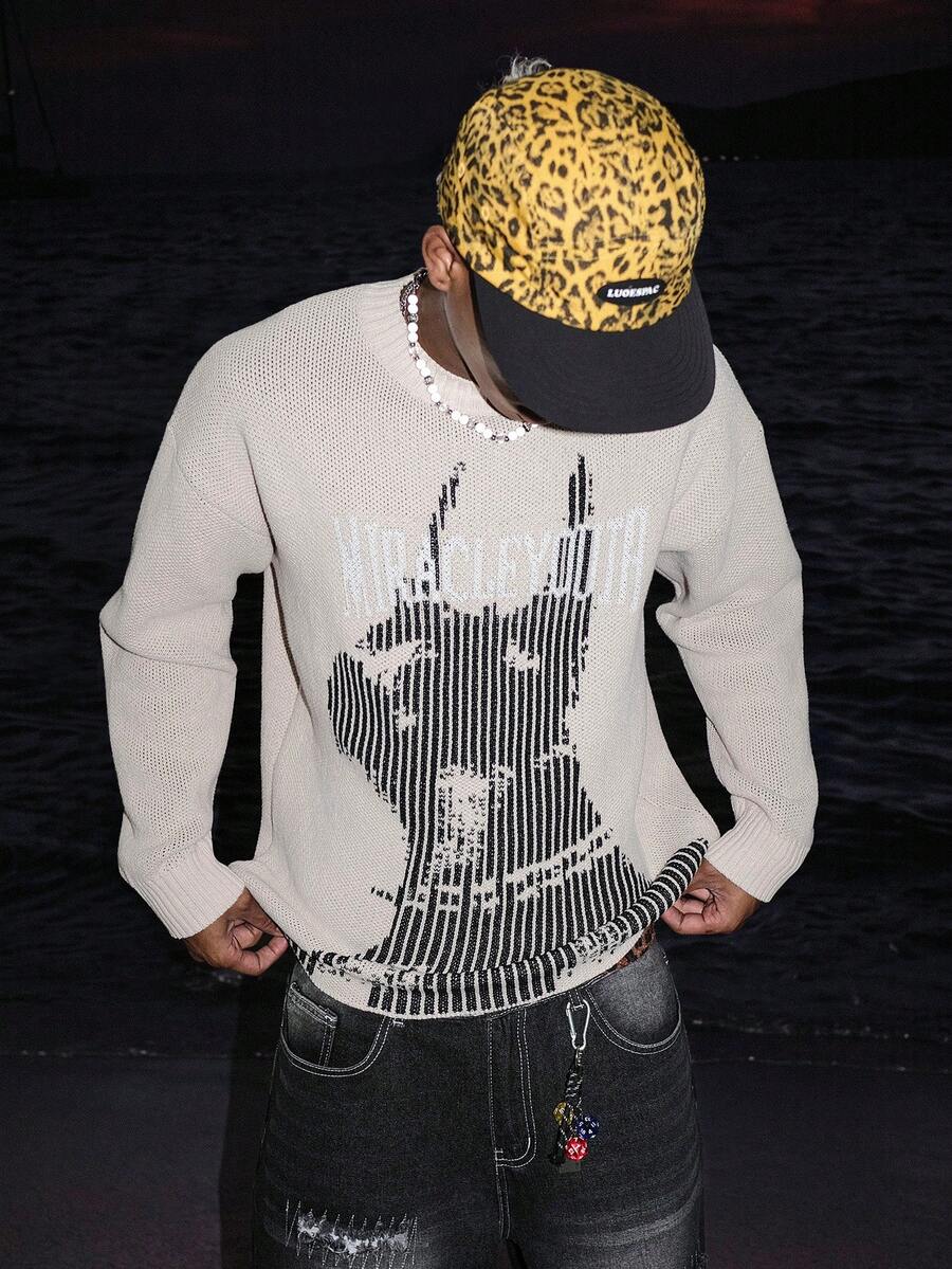 Manfinity Hypemode Autumn/Winter New Personalized Sleeve Zipper Jacquard Dog Pattern Pullover Long Sleeve Men's Sweater - Apricot - View 1