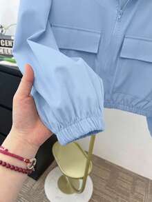 SHEIN 青少年女孩編織素色貼袋短版寬鬆休閒連帽外套 - 藍色 - 查看 5