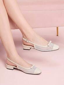 CUCCOO DOLLMOD Women's Exquisite Square Toe Beige Simple Commuter Workplace Wear Low Heel Thick Heel Shoes Exposed Heel Shoes - 網/白 - 查看 1