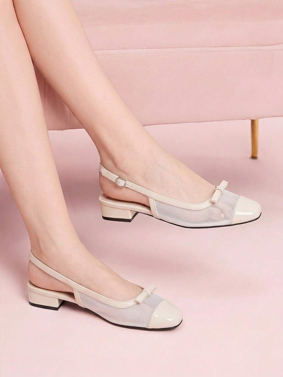 CUCCOO DOLLMOD Women's Exquisite Square Toe Beige Simple Commuter Workplace Wear Low Heel Thick Heel Shoes Exposed Heel Shoes - 網/白 - 查看 1