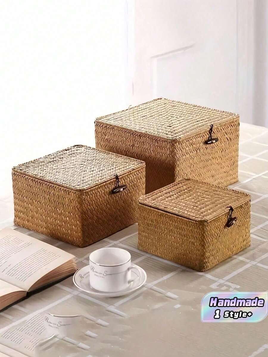 1PCHandmadeWovenGeometricBohemianLiddedStorageBasketDesktopOrganizerMultifunctionalHangingContainerforKitchenBathroomBedroomLivingRoomOfficeHalloweenChristmasCoastalOutdoorHomeDecorGift - Mocha Brown - View 1
