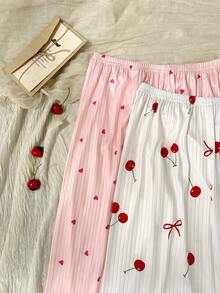 CottageSlumber Cherry Heart Print Casual Women's Pajama Pants Set, 2 Long Pants - Multicolor - View 4