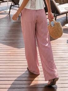 Nöista Pantalones anchos a rayas en color rosa, con una silueta recta y relajada, son elegantes y casuales. El color suave y elegante, así como el material ligero, los hacen adecuados para diversas ocasiones de primavera y verano, desde el trayecto diario hasta las cafeterías y los viajes de fin de semana. Se pueden combinar con tops de punto cortos, camisas y camisetas para crear diferentes estilos. - Rosa - Ver 9